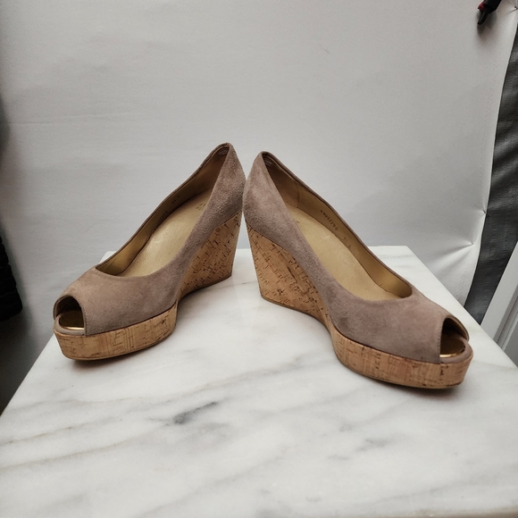 STUART WEITZMAN Tan Suede Peep-Toe Cork Wedge Heels, size 9½M - Picture 6 of 7